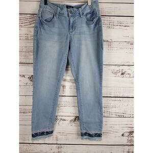 Earl Skinny Ankle Jeans 8 Petite Womens Embroidered Leg Raw Hem Boho Hippie